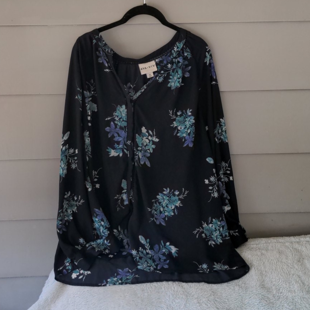 Ava & Viv floral blouse navy turquoise white 3x